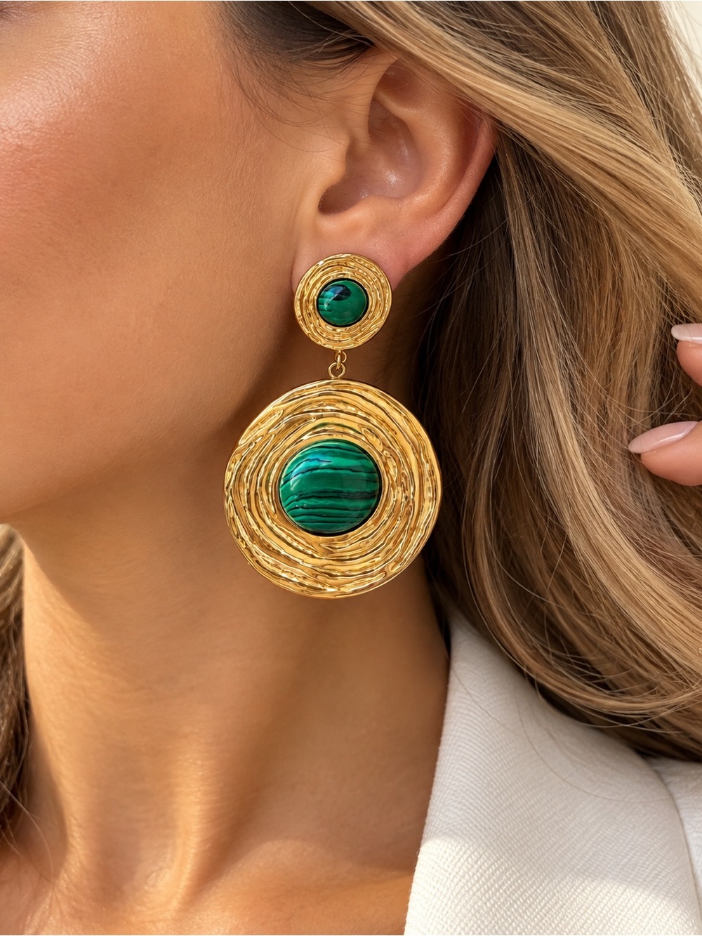 Gold Drop Earrings with Green Stone Accent